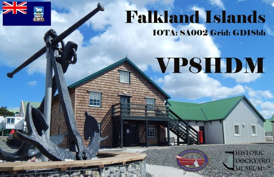 VP8HDM Historic Dockyard Museum, Stanley, Falkland Islands. QSL Card.