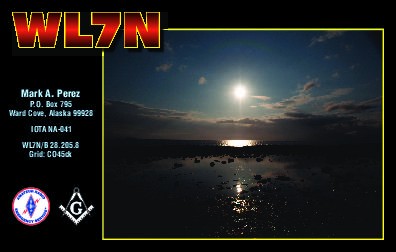 WL7N Mark Perez, Ward Cove, Revillagigedo Island, Alaska. QSL Card.