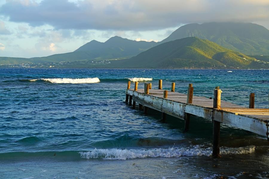 V4/W3UL Nevis island hills from Turtle Beach, Saint Kitts Island.