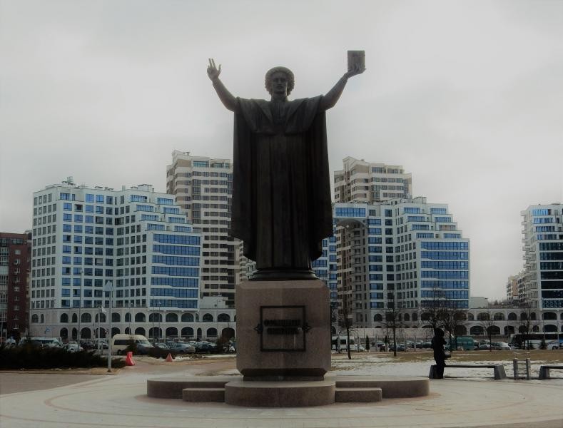 EW5Z Statue of Francisk Storyna outside National Library, Minsk, Belarus.