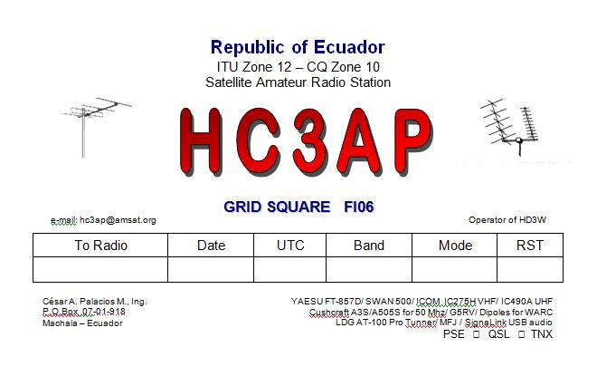 HC3AP Cesar Palacios, Machala, Ecuador QSL Card