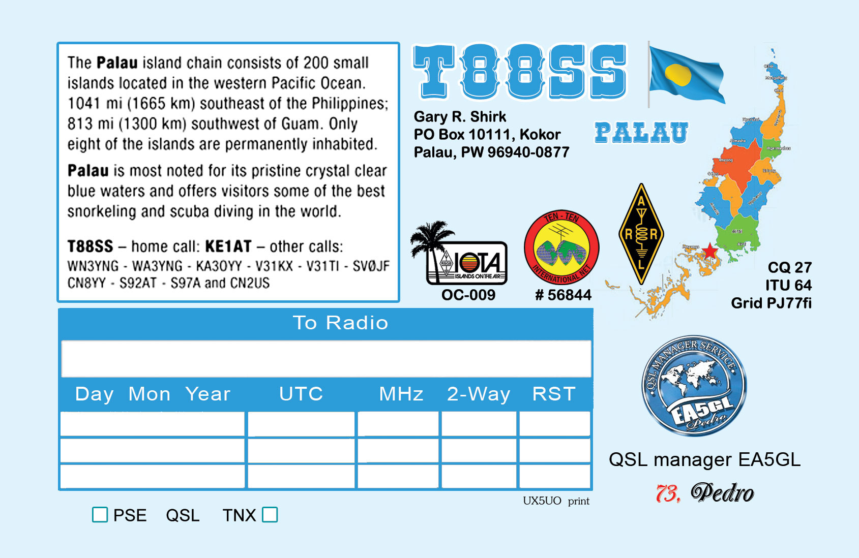 T88SS Koror Island, Palau QSL Card Backside