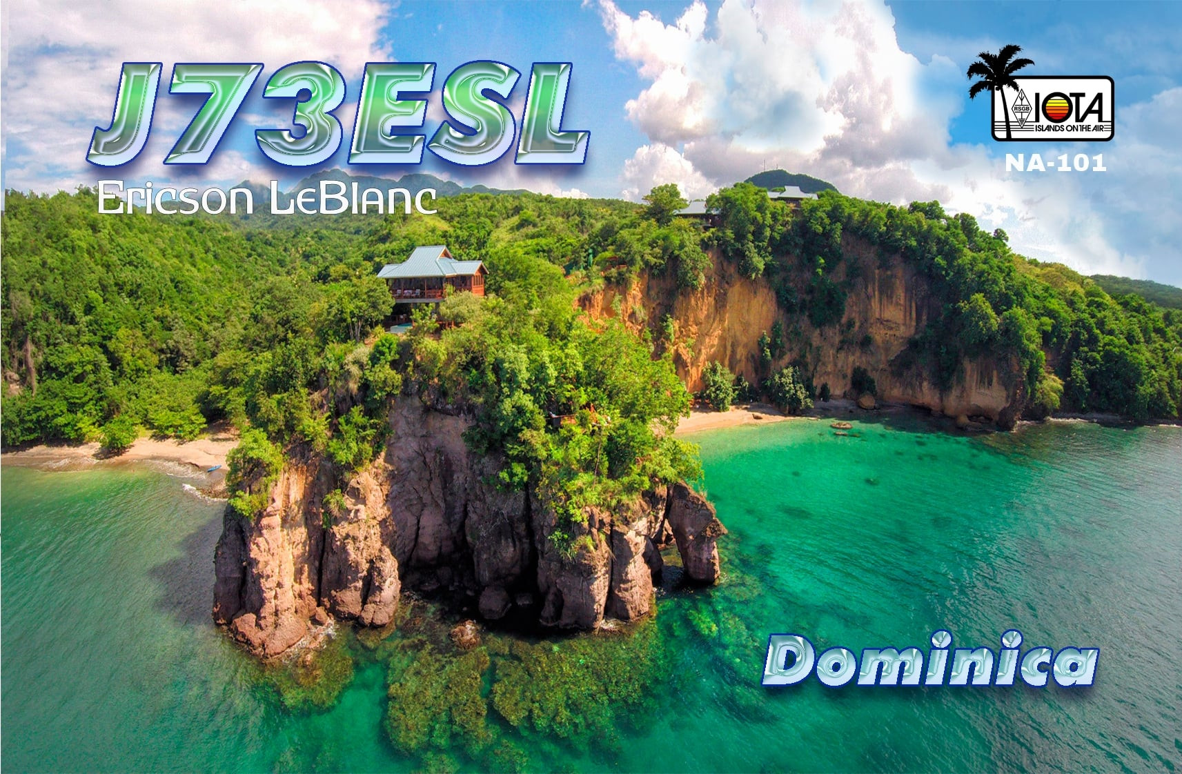 J73ESL Porstmouth, Dominica Island QSL Card