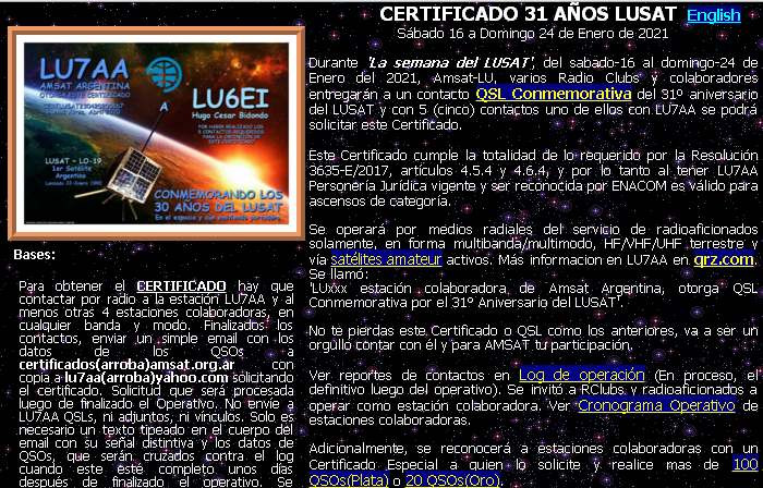 LU7AA Certificado LUSAT