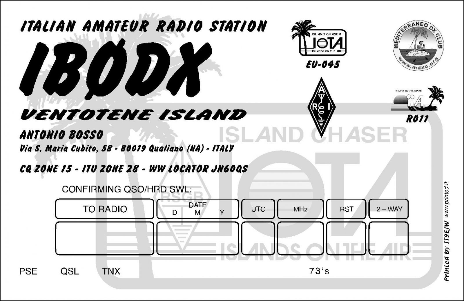 IB0DX Ventotene Island QSL Card IB0DX Ventotene Island QSL Card