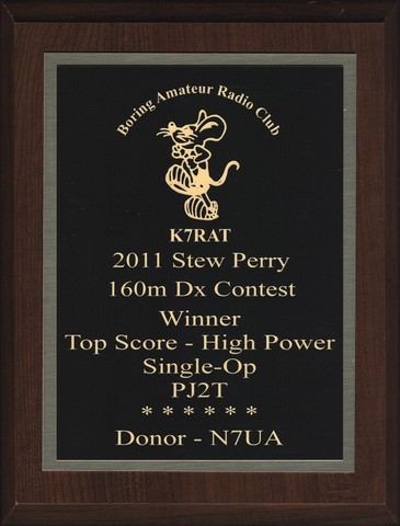 Stew Perry Top Band Challenge Plaque. The Boring Amateur Radio Club. PJ2T Plaque.