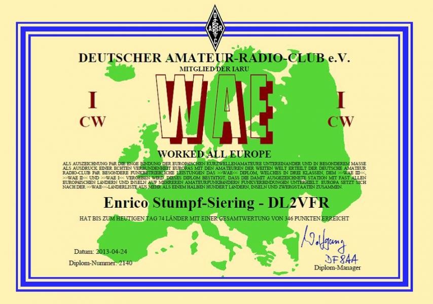 DJ70WAE 70 years WAE Worked All Europe Award