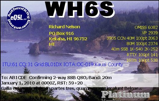 WH6S Richard Nelson, Kekaha, Kauai Island, Hawaiian Islands. eQSL.