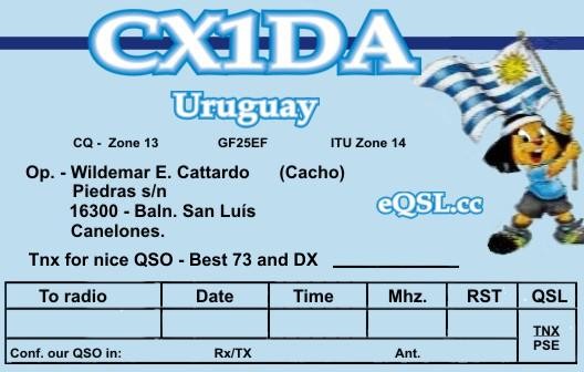 CX1DA Wildemar Cattardo, San Luis, Uruguay. QSL.