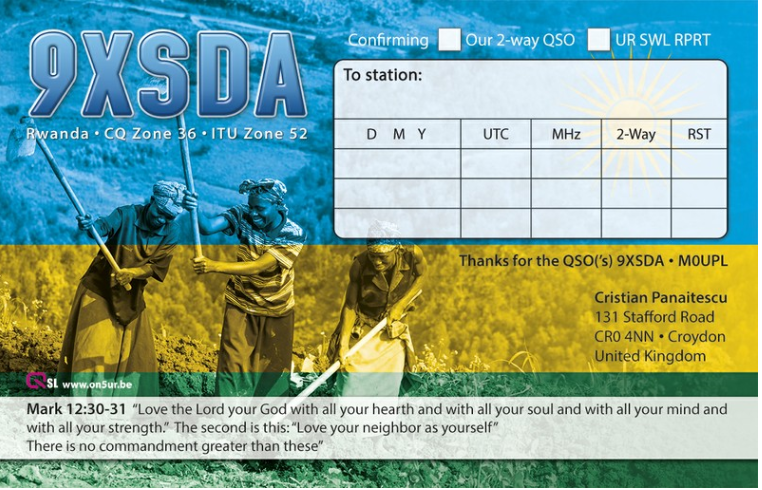 9XSDA Руанда QSL Обратная сторона.