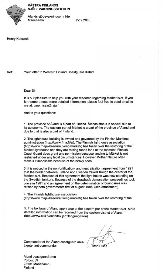 Letter Finnish Coast Guard Letter Finnish Coast Guard